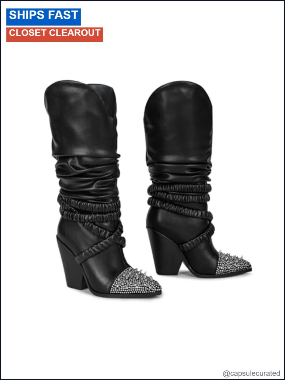 Studded Pointed Toe Western Boots Slouchy Knee High Chunky Heel Faux Leather